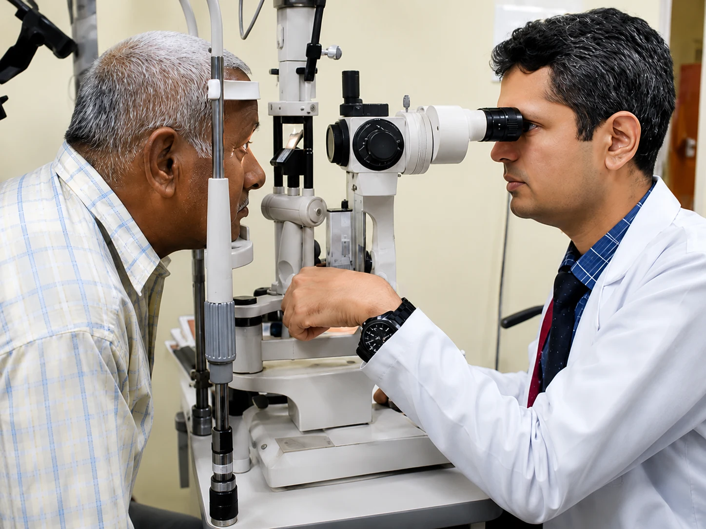 Ophthalmologist examining a patient's eyes on a slit lamp at SGVEH
